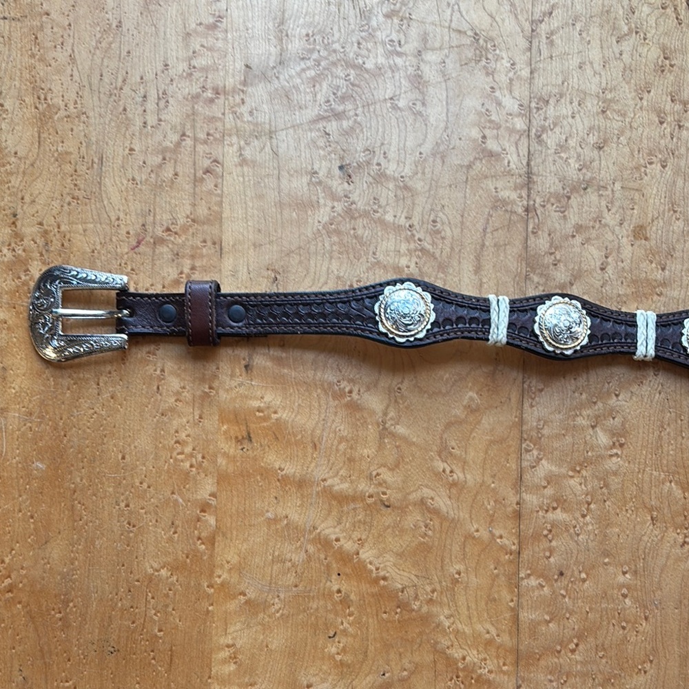 Nocona Dark Brown Leather Western Belt with Silver Conchos and Buckle